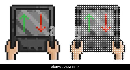 Icône pixel. Main de l'arbitre du match de sport montrant le tableau de bord électronique pour la substitution des joueurs. Vecteur de jeu rétro simple isolé sur fond blanc Illustration de Vecteur