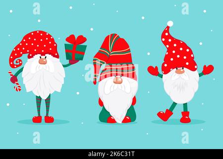 Trois jolis gnomes de Noël. Caractères vectoriels de style plat. Ensemble de nains de Noël avec illustration de bonbons cadeaux Illustration de Vecteur