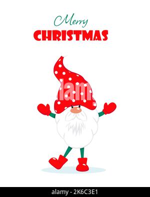 Carte de vœux de Noël avec un joli gnome barbu. Caractère de vacances d'hiver. Illustration vectorielle de style plat. Joyeux Noël Illustration de Vecteur
