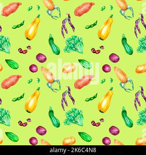 Variété de légumes colorés aquarelle motif sans couture sur le vert. Pommes de terre, haricots, concombres, feuilles de légumes, courgettes peintes à la main. Légumes pour Banque D'Images