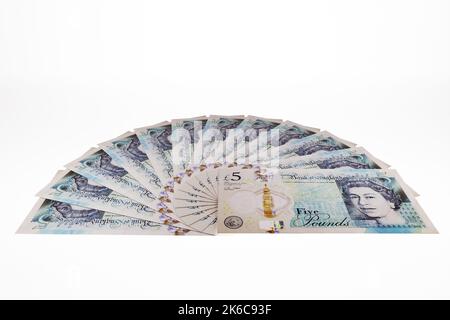 UK Money Billets fan de UK Polymer £5 billets cinq livres de billets monnaie britannique Banque D'Images