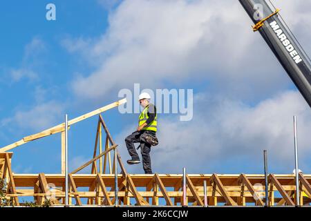 O'Donnell menuiserie est un entrepreneur de menuiserie commerciale spécialisé dans les structures de toit et tous les aspects de la menuiserie interne travaillant sur le chantier de construction de Simply UK New Build Care Home à Preston, Royaume-Uni Banque D'Images