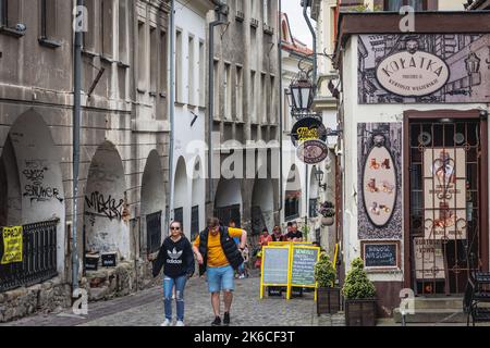 Rue Podcienie dans la vieille ville de Bielsko-Biala à Silésie Voivodeship, dans le sud de la Pologne Banque D'Images