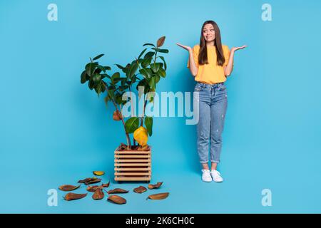 Photo de coupable incertaine fille vêtue jaune t-shirt haussant les épaules regardant avec des fleurs isolées bleu couleur fond Banque D'Images