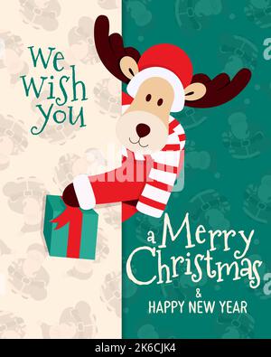 Carte de Noël joyeuse avec cerf piquant et boîte à cadeaux. Illustration vectorielle Illustration de Vecteur Carte de Noël joyeuse avec cerf piquant et boîte à cadeaux. Illustration vectorielle Illustration de Vecteur