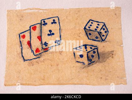 Jeux de cartes et de dés peinture d'art sur teabag Banque D'Images