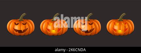 Ensemble de citrouilles d'Halloween à motif vectoriel. Mignon Jack-o-lanternes, visage de citrouille sculpté pour invitations, cartes, emballage, emballage, bannières Design. 3D réaliste Illustration de Vecteur