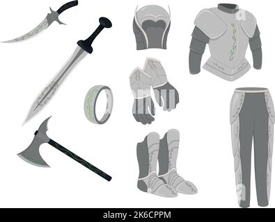 Arme et armure jeu actif, un style armes et équipement d'armure collection vecteur illustration Illustration de Vecteur