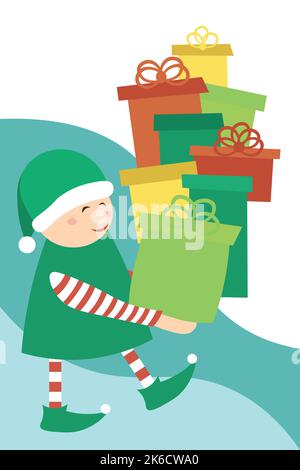 Solde du nouvel an. Bannière verticale, dépliant. Design publicitaire.Un elfe de Noël dans un manteau vert avec des cadeaux. Illustration de Vecteur