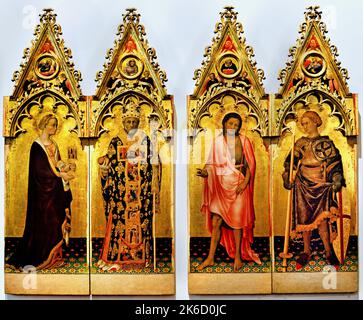 Quaratesi Polyptych, par Gentile di Nicol connu sous le nom de Gentile da Fabriano, 1425, 15th siècle, Florence, Italie. St Mary Magdalene tenant balsamario flacon de parfum , Saint Nicolas de Bari évêque tiara personnel pastoral vestons chasuble Stole trois boules à droite cuspires cymatium moulage. Banque D'Images