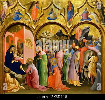 Adoration des Magi, 1420–1422, Lorenzo Monaco, 1370 – 1425, peintre italien, Fin gothique, début de la Renaissance, il est né Piero di Giovanni à Sienne, Uffizi, Florence, adoration, Magi, adoration des Rois, Nativité de Jésus, trois Mages, représentés comme rois, a trouvé Jésus en suivant une étoile, a couché devant lui des dons d'or, d'encens, de myrrhe, et l'adoration, Banque D'Images