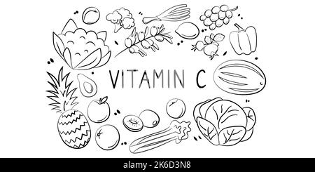 Vitamine C acide ascorbique. Groupes de produits sains contenant des vitamines. Ensemble de fruits, légumes, viandes, poissons et produits laitiers Illustration de Vecteur