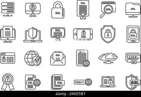 Les icônes de certificat SSL définissent le vecteur de contour. Sécurité SSL. Virus d'analyse Illustration de Vecteur