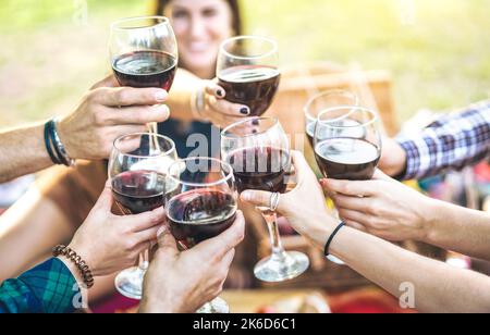 Les mains toaster le vin rouge et les amis se réjouissant de l'expérience de la dégustation de vin - les jeunes profitent du temps de récolte ensemble dans le vignoble de la ferme Banque D'Images