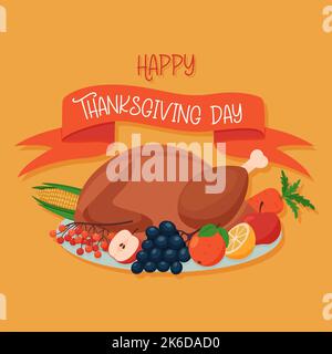 Une carte de Thanksgiving. Faites rôtir la dinde sur un plat avec des légumes et des fruits d'automne de saison. Un ruban avec les mots Happy Thanksgiving Day. Vecteur plat Illustration de Vecteur