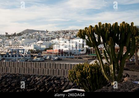 Au-dessus du port, Puerto del Carmen, Lanzarote, îles Canaries. Lanzarote a très peu de pluie et 25% d'elle est couverte de lave donc ne peut pas être cultivée Banque D'Images