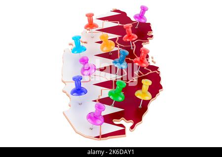 Carte du Qatar avec punaises colorées, 3D rendu isolé sur fond blanc Banque D'Images
