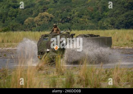 Manille, Philippines. 13th octobre 2022. Un camion de lancement transportant les manufs du système de fusée d'artillerie à haute mobilité (HImars) lors d'un exercice militaire conjoint États-Unis-Philippines surnommé « Kamandag » signifiant « coopération des guerriers de la mer » dans les CAPAS, province de Tarlac au nord de Manille, Philippines. 13 octobre 2022. Les jeux de guerre, auxquels ont participé des militaires japonais et sud-coréens, ont impliqué des exercices combinés de tirs en direct ainsi que des opérations aériennes et amphibies dans et autour des îles Philippines, dans un climat de tensions en mer de Chine méridionale et dans le détroit de Taiwan. (Credit image: © Basilio Banque D'Images