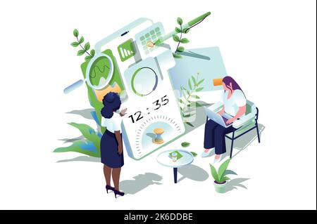 Concept Web de gestion du temps en conception isométrique 3D. Les employés suivent le temps nécessaire pour effectuer les tâches de travail, la planification et le flux de travail de l'organisation Illustration de Vecteur