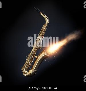 Saxophone sur fond noir avec feu et étincelles à l'explosion de la cloche. Concept de musique blues puissant Banque D'Images