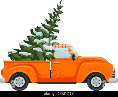 Un camion jaune porte un arbre de Noël, une épinette avec des branches enneigées. Illustration vectorielle, plate, style de dessin animé, bannière, prospectus Illustration de Vecteur