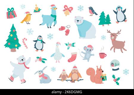 Ensemble animaux heureux et vacances d'hiver avec éléments de dessin animé mignons et motif plat. Ensemble de cadeaux, lama, cloches, ours, arbre de Noël, pingouin, houx Illustration de Vecteur