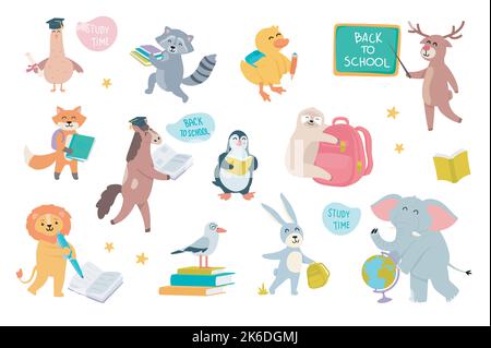 Animaux mignons dans un ensemble d'école avec éléments de dessin animé dans un design plat. Le paquet d'oiseau est la remise des diplômes, raton laveur avec des livres, poulet élève, cerf au tableau noir Illustration de Vecteur
