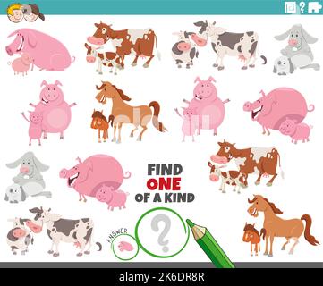 Illustration de dessin animé de trouver un d'un genre photo tâche éducative avec les personnages de la ferme de bande dessinée avec leurs bébés Illustration de Vecteur