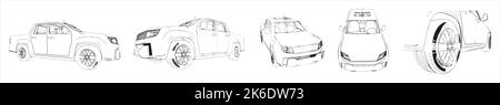 Concept ou ensemble conceptuel d'un offroad croquis de voiture de différentes perspectives. 3d illustration comme une métaphore pour le transport, la puissance, l'aventure, Banque D'Images