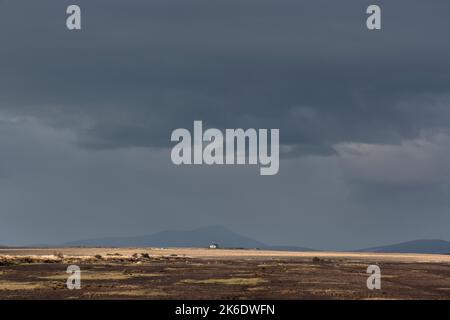 Chalet abandonné au milieu du vaste pays de Bangor Erris Bog, comté de Mayo, Irlande. Des nuages sombres s'accumulent, la pluie arrive. Banque D'Images