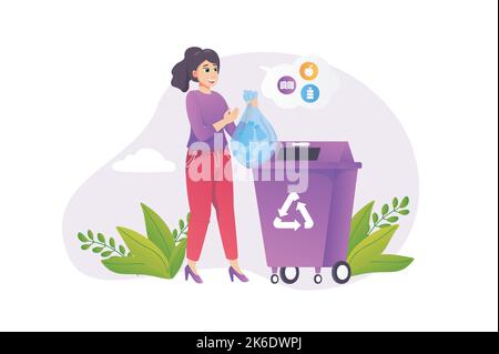 Concept de recyclage des ordures dans le style plat avec la scène de personnes. Bonne femme de recueillir et de séparer les déchets et les jette dans le conteneur de réutilisation. ECO Illustration de Vecteur