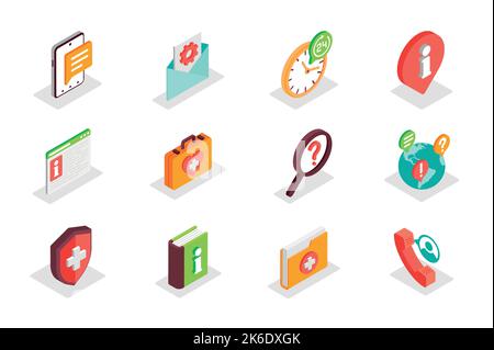 Ensemble d'icônes isométriques du concept de support client 3D. Éléments groupés du centre d'aide, urgence, chat, info, aide, appel client, contact, ligne directe et autre Illustration de Vecteur