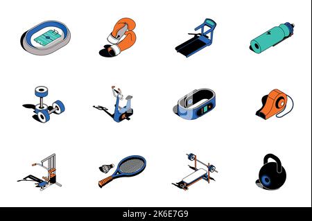 Ensemble d'icônes isométriques Sport 3D. Pack éléments de stade, gants de boxe, tapis roulant, bouteille d'eau, haltères, appareil d'exercice, équipement de gym et autre Illustration de Vecteur