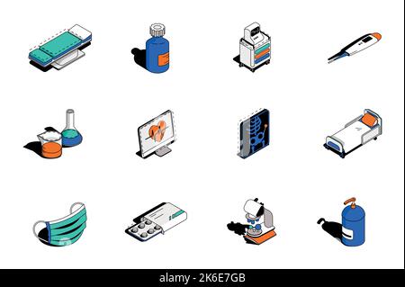 Jeu de 3D icônes isométriques médicales. Éléments d'emballage de la table, du flacon, du système de surveillance du patient, du thermomètre, de la recherche en laboratoire, flacon, rayons x, masque et Illustration de Vecteur