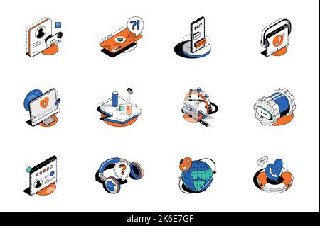 Assistance clientèle 3D icônes isométriques. Pack d'éléments de communication en ligne avec le client, contactez-nous, chat, e-mail, appel, service d'aide, faq et autres Illustration de Vecteur