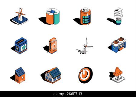 Jeu de 3D icônes isométriques d'énergie alternative. Pack éléments d'éolienne, renouvelable, batterie, ampoule, générateur, station, maison de panneau solaire et Illustration de Vecteur