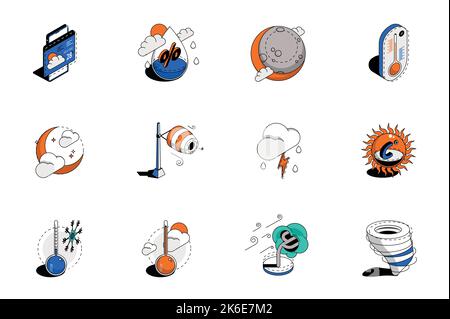 Ensemble de 3D icônes isométriques de prévisions météorologiques. Pack éléments d'humidité de l'air, température, soleil, lune, nuageux, vent, orage, chaleur, gel, froid et Illustration de Vecteur