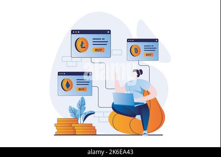 Concept de marché de crypto-monnaie avec la scène de personnes dans la conception de dessins animés à plat. La femme achète des bitcoins, des litecines ou des éthérés sur l'échange crypto en utilisant Illustration de Vecteur