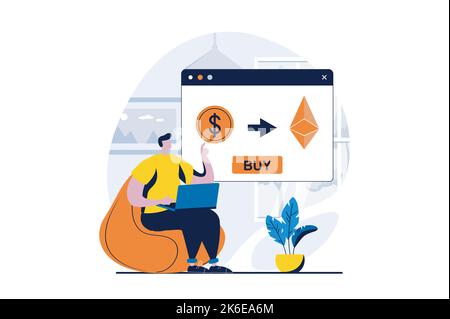 Concept de marché de crypto-monnaie avec la scène de personnes dans la conception de dessins animés à plat. L'homme achète des bitcoins et d'autres devises et investit de l'argent à crypto Illustration de Vecteur