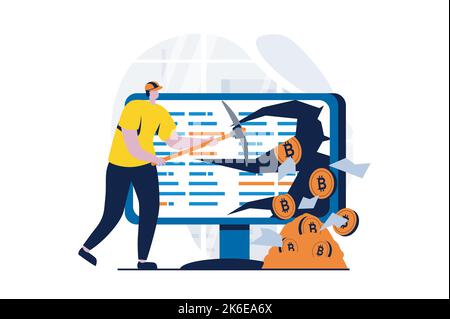 Concept d'exploitation minière de crypto-monnaie avec scène de personnes dans la conception de dessins animés à plat. L'homme mine des bitcoins avec le pioche, utilise la technologie de blockchain et l'ordinateur Illustration de Vecteur