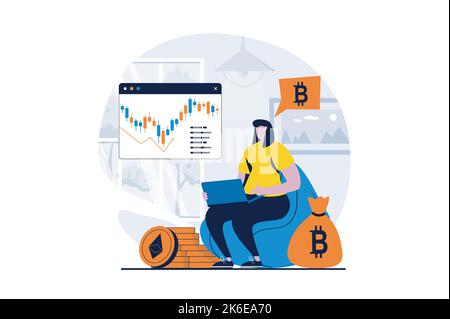 Concept d'exploitation minière de crypto-monnaie avec scène de personnes dans la conception de dessins animés à plat. Woman surveille les données des échanges, investit de l'argent et achète des bitcoins pour augmenter Illustration de Vecteur