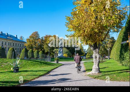 Cycliste non congréable au parc Carl Johans à l'automne à Norrköping, en Suède. Karl Johan était le premier roi de la famille Bernadotte. Banque D'Images