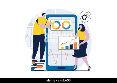 Concept d'analyse de données avec scène de personnes en dessin animé à plat. Femme et homme travaillant avec des statistiques et des graphiques et de la comptabilité d'affaires en utilisant mobile Illustration de Vecteur