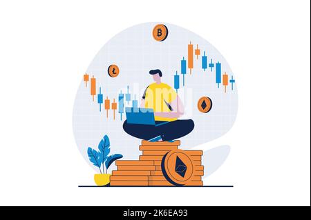 Concept d'exploitation minière de crypto-monnaie avec scène de personnes dans la conception de dessins animés à plat. L'homme mine des bitcoins, des litecines et de l'éthérium, analyse les données du marché et les augmentations Illustration de Vecteur