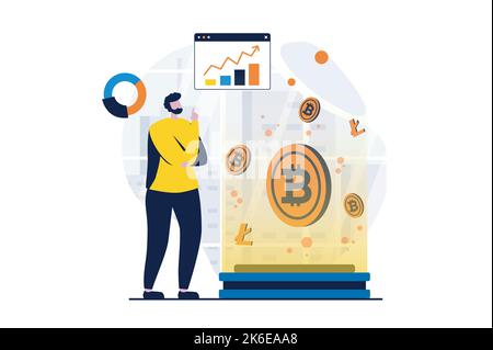 Concept de marché de crypto-monnaie avec la scène de personnes dans la conception de dessins animés à plat. L'homme achète des bitcoins et d'autres monnaies lors de l'échange et de l'analyse de crypto Illustration de Vecteur