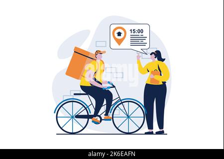 Concept de service de livraison avec la scène de personnes dans le dessin animé plat. La femme commande la livraison au bon moment et attend de recevoir la boîte du service de messagerie à Illustration de Vecteur