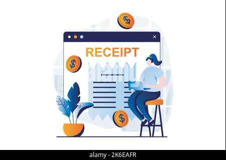 Concept de réception électronique avec scène de personnes en dessin animé plat. La femme reçoit le formulaire de paiement d'impôt en ligne et la facture de paiement. Banque et argent Illustration de Vecteur
