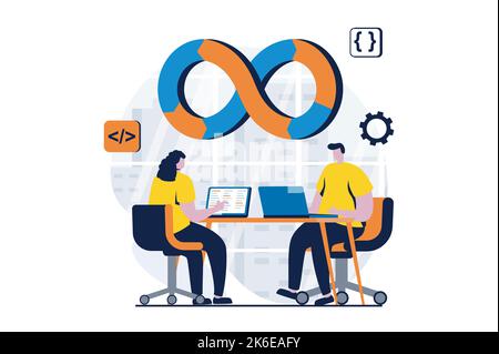 DevOps concept avec une scène de personnes dans un dessin animé plat. Femme et homme codant et programmant des applications sur des ordinateurs portables dans le bureau et le développement de la pratique Illustration de Vecteur