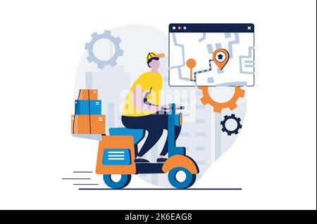 Concept de service de livraison avec la scène de personnes dans le dessin animé plat. Un messager de sexe masculin conduit une moto et transporte des colis avec suivi des commandes dans une application mobile Illustration de Vecteur