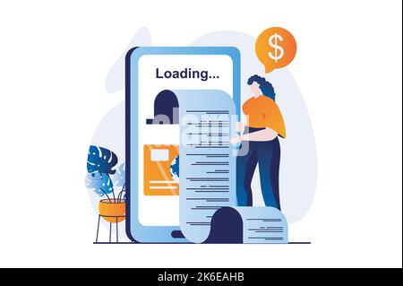 Concept de réception électronique avec scène de personnes en dessin animé plat. La femme reçoit un chèque numérique pour payer des services ou acheter. Banque et argent Illustration de Vecteur